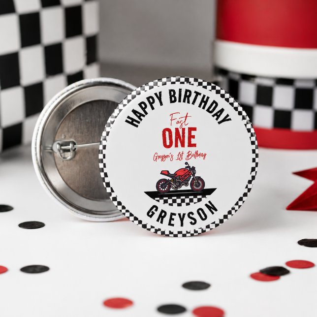 Ett Snabbt Racermotorcykel Pojke 1-års Födelsedags Knapp (One Fast Race Motorcycle Boy 1st Birthday Party Button
)