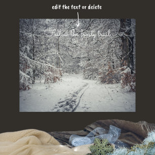 Ett snö-täckt väg genom en vinterskog poster
