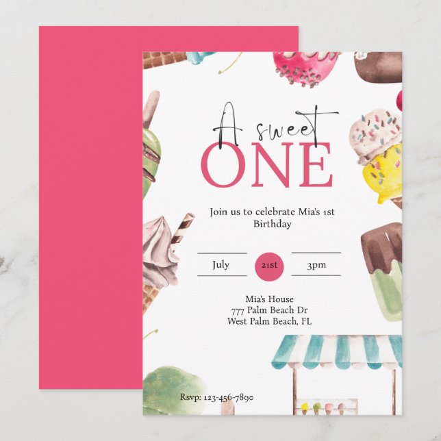 Ett sött iskräm tema 1:a födelsedag inbjudningar (Fram/baksida)