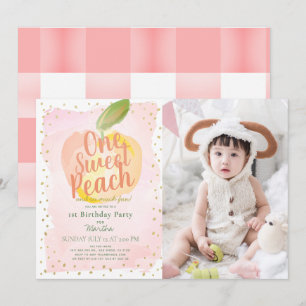 Ett sött Peach Rosa Girl Photo 1st Birthday Inbjudningar