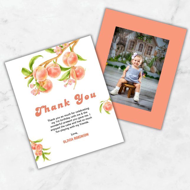Ett sött persikofärgat första födelsedagsfoto - ta (Budget One Sweet Peach 1st Birthday Photo Thank You Card )