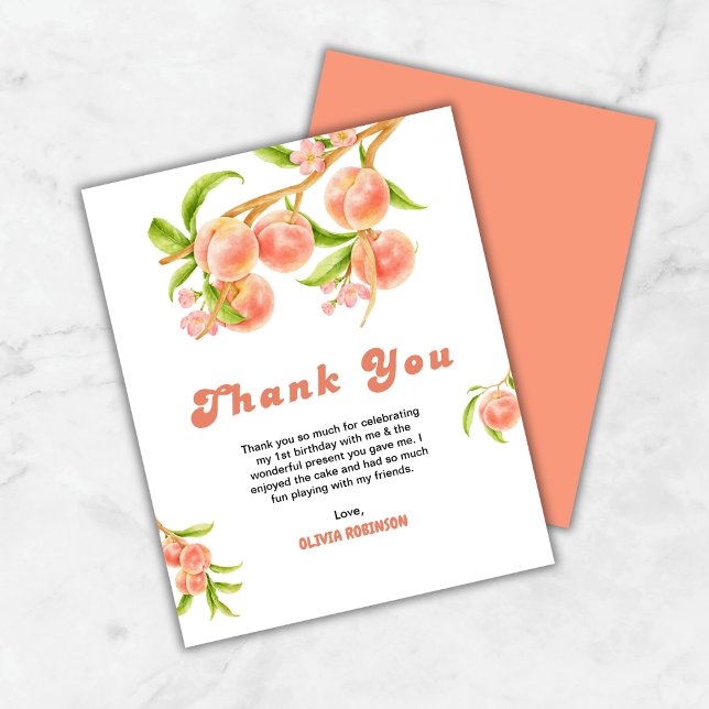 Ett sött persikomärke 1:a födelsedag tackkort (Budget One Sweet Peach 1st Birthday Thank You Card )