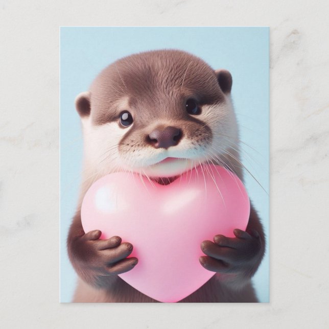 Ett sött Valentine Otter Rosa Heart Vykort (Framsida)
