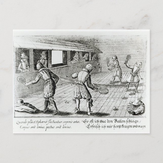 Ett spel med Real Tennis med sportballader nedanfö Vykort (Framsida)