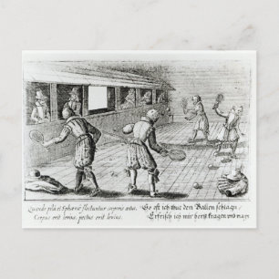 Ett spel med Real Tennis med sportballader nedanfö Vykort
