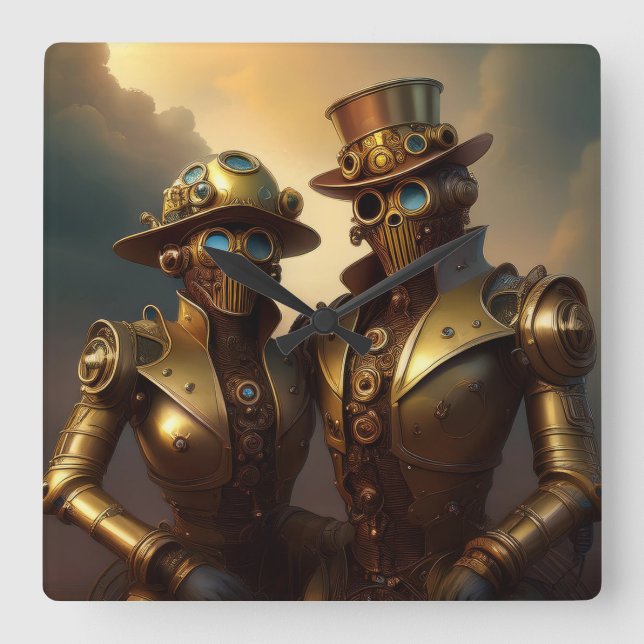 Ett Steampunk-robotiskt par i Kärlek Fyrkantig Klocka (Framsida)
