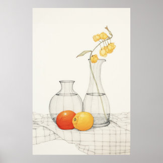 Ett stillastående liv med Blommar och frukt Poster