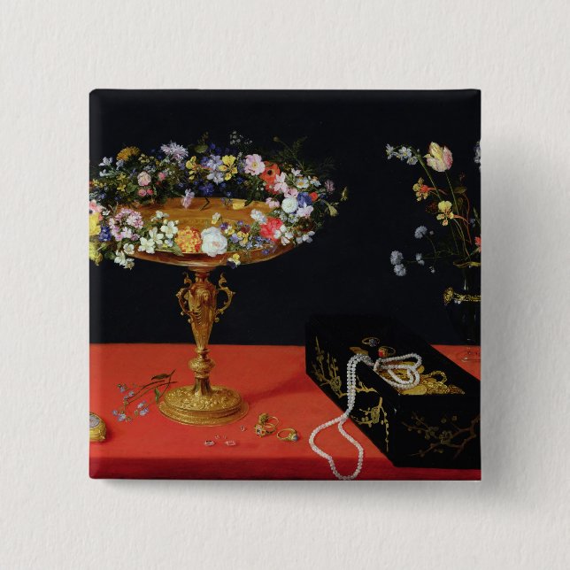 Ett stilleben av en Tazza med blommor Knapp (Framsida)