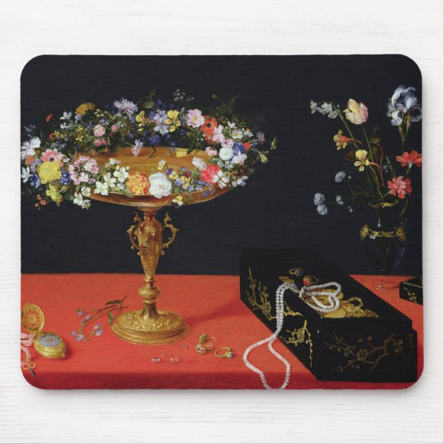 Ett stilleben av en Tazza med blommor Musmatta (Framsidan)