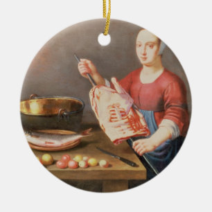Ett stilleben av kött och fisken med en kock julgransprydnad keramik
