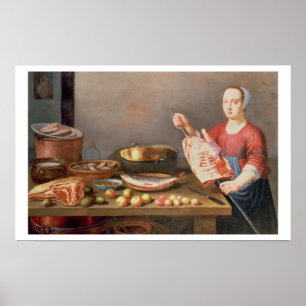 Ett stilleben av kött och fisken med en kock poster