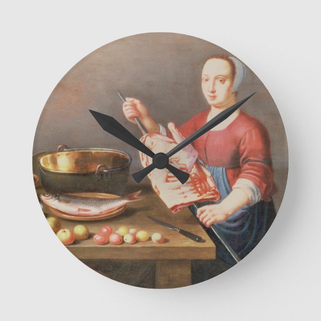 Ett stilleben av kött och fisken med en kock rund klocka (Framsida)