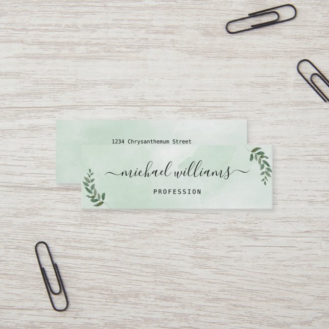 Ett stilskript för enkel vattenfärg-grönt namnteck mini visitkort (Fram/Back In Situ)