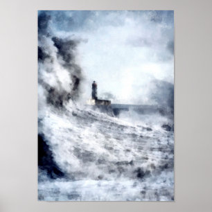 Ett stormigt hav omger ett fyr liggande poster