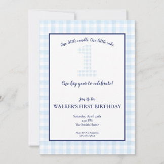 Ett stort år - klassiskt Blue Gingham Birthday Inv Inbjudningar