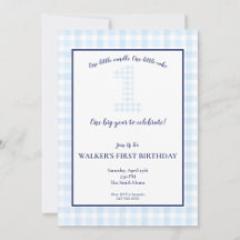 Ett stort år - klassiskt Blue Gingham Birthday Inv
