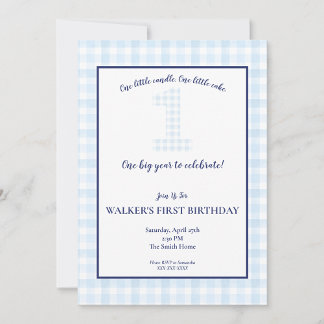 Ett stort år - klassiskt Blue Gingham Birthday Inv Inbjudningar