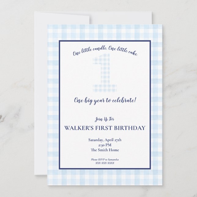 Ett stort år - klassiskt Blue Gingham Birthday Inv Inbjudningar (Skapare uppladdad)