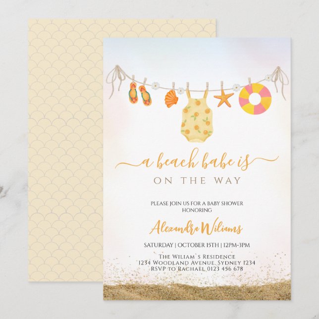 Ett strandbabord är på väg till babyduschen inbjudningar (Fram/baksida)