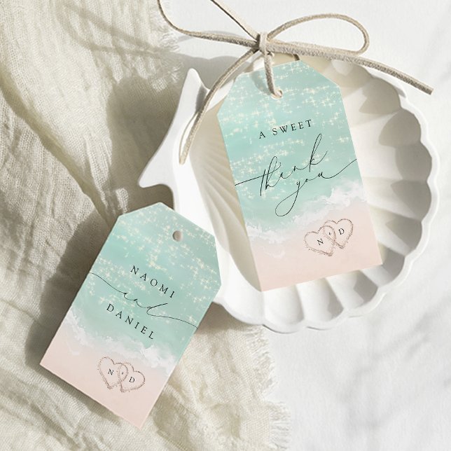 Ett svalt Tack Modern handledarblock för skript Presentetikett (A Sweet Thank You Modern Script Sand Hearts Beach Gift Tags)