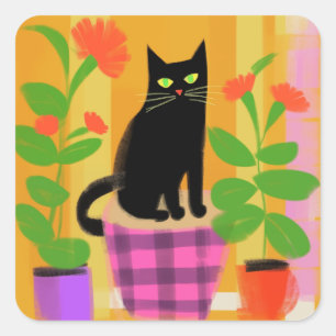 Ett svart katt med Lila för Rosa av hushåll Fyrkantigt Klistermärke