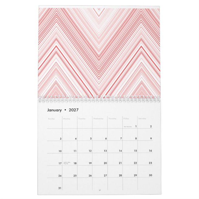 Ett symmetriskt mönster med rött och rosa moti kalender (Jan 2027)