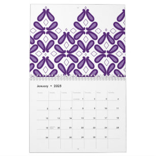 Ett symmetriskt mönster med vit och lila m kalender