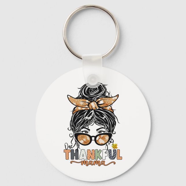 Ett tacksamt Mamma Messy Bun hösten Thanksgivi Nyckelring (Framsida)