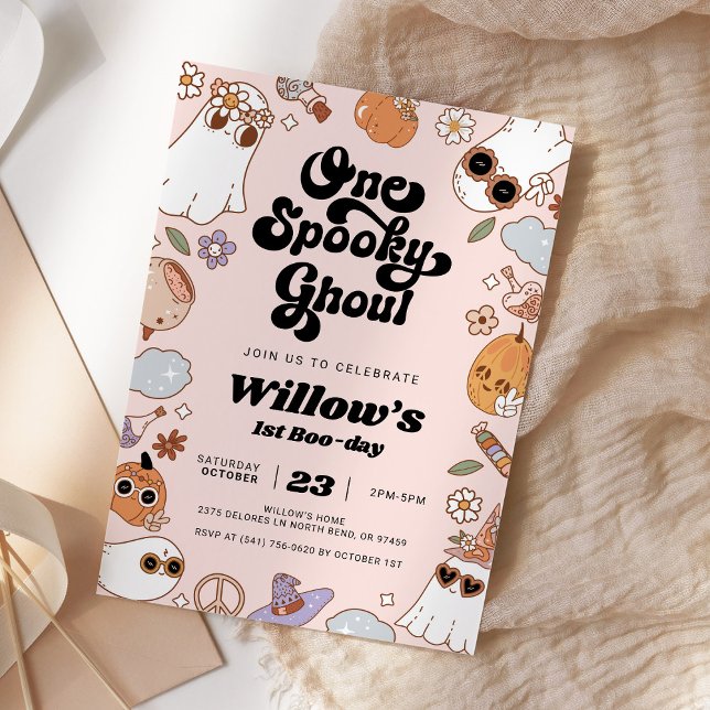 Ett taloky Ghoul Groovy Halloween 1 födelsedag Inbjudningar (Skapare uppladdad)