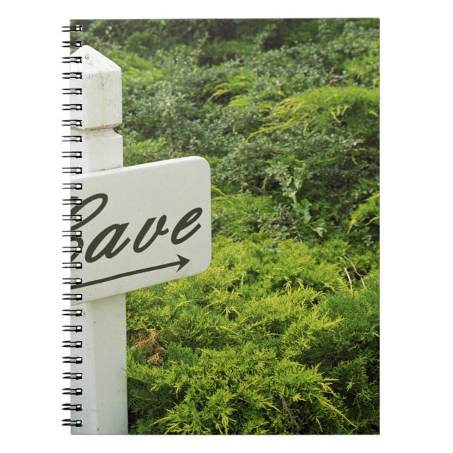 Ett tecken som pekar mot källaren vin (grottan) i anteckningsbok med spiral (Framsidan)