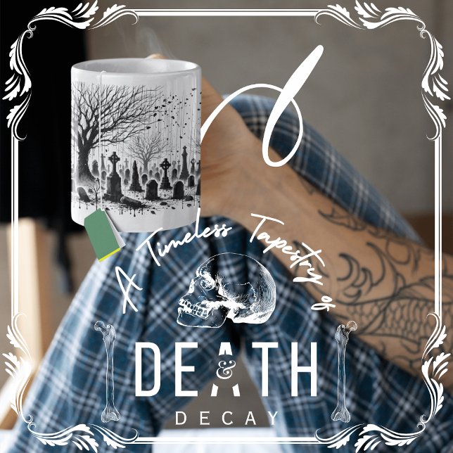 Ett tidslöst tekoni med död och förfall kaffemugg (A Timeless Tapestry of Death and Decay cover from The Beekeeper Store)