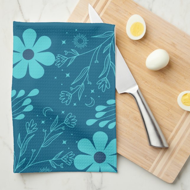 Ett trendigt cyanfärgat blommönster kökshandduk (Vikt i Fjärdedel)