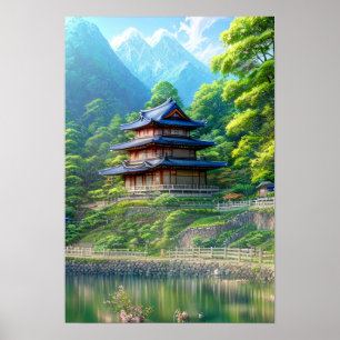 Ett trestoriskt japanskt landställ poster