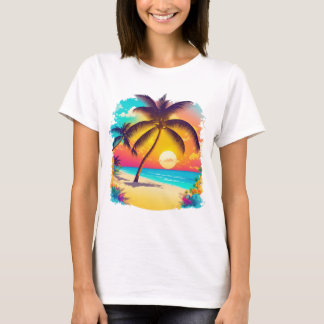 Ett tropiskt paradis med handflatan träd, sandsträ t shirt