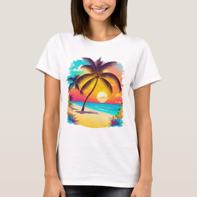 Ett tropiskt paradis med handflatan träd, sandsträ t shirt (Framsida)