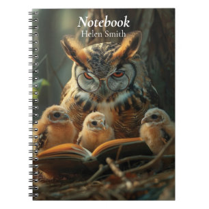 Ett uggla som läser bok till små chickar anteckningsbok