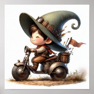 Ett ungt lyckligt barn som åker på en steampunk-sc poster