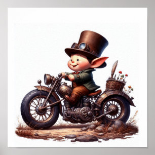 Ett ungt lyckligt barn som kör en steampunksmotorc poster