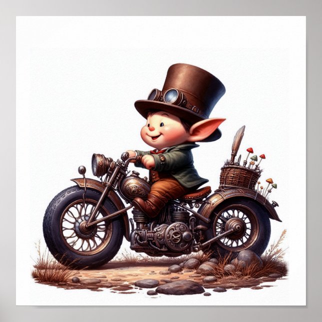 Ett ungt lyckligt barn som kör en steampunksmotorc poster (Framsidan)