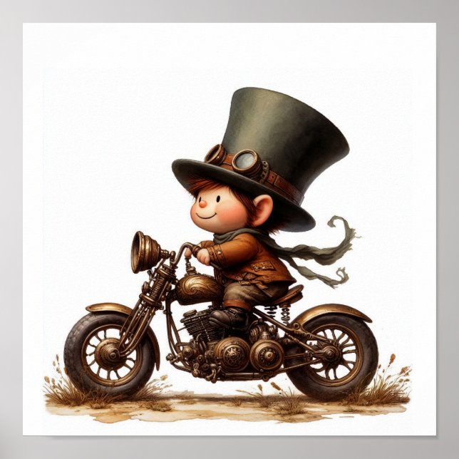 Ett ungt lyckligt barn som kör en steampunksmotorc poster (Framsidan)