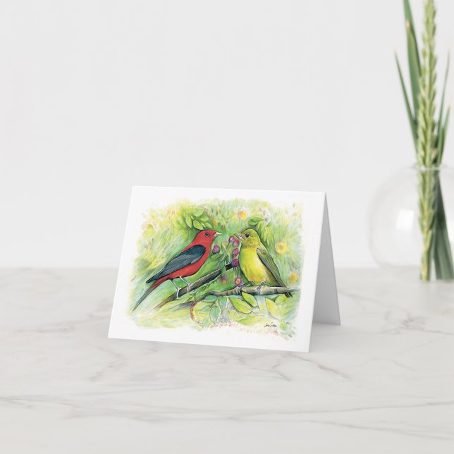 Ett vackert Scarlet Tanager-kort för par antecknin Anteckningskort (Beautiful Scarlet Tanager Couple Watercolor Blank Note Cards from Jenn Steffen Art)