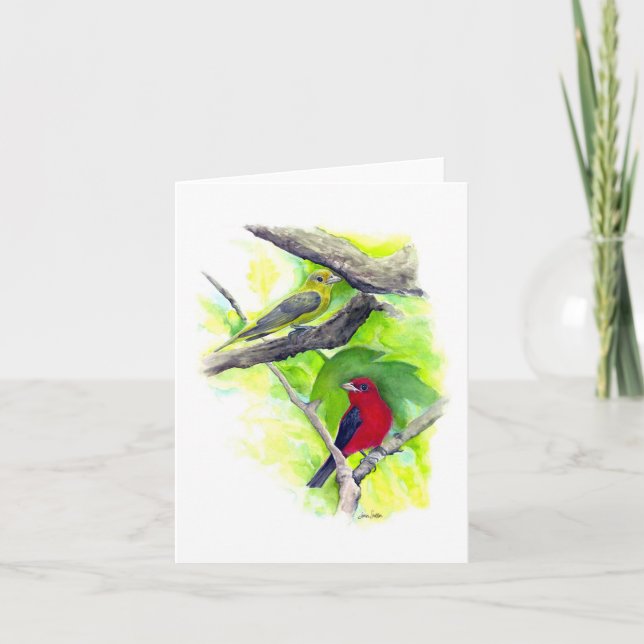 Ett vackert Scarlet Tanager-kort för par antecknin Anteckningskort (Framsida)