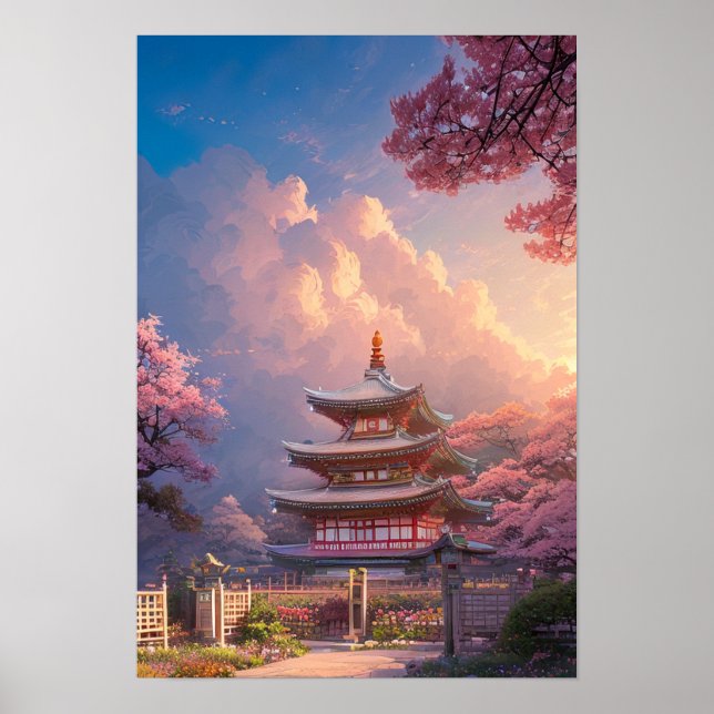 Ett vackert Temple och Blossoming Cherry Träd Poster (Framsidan)