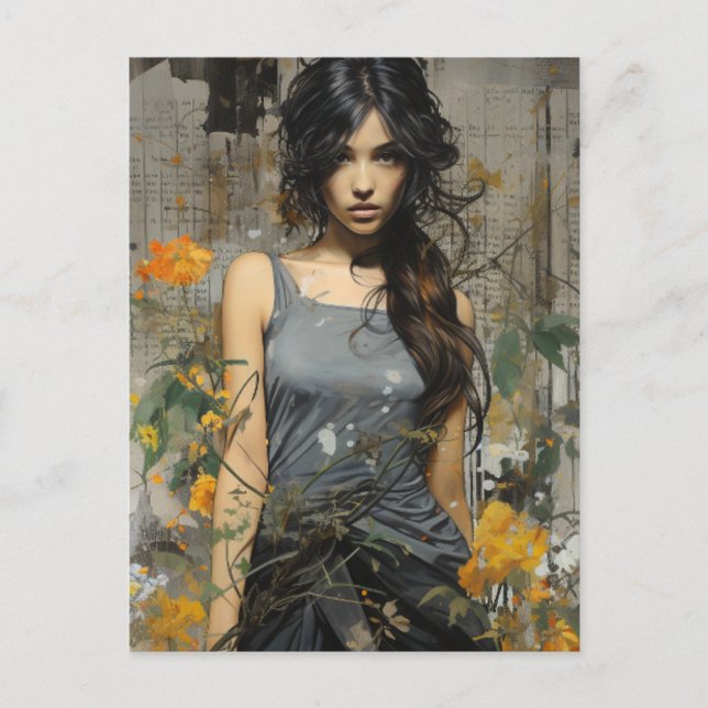 Ett vackert Woman Long hair gula blommor collage Vykort (Framsida)