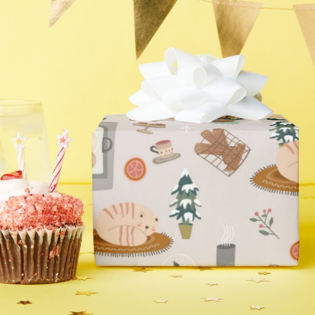 ett varmt vintern mönster fyllt med katt och vinte presentpapper (Födelsedagsfest)