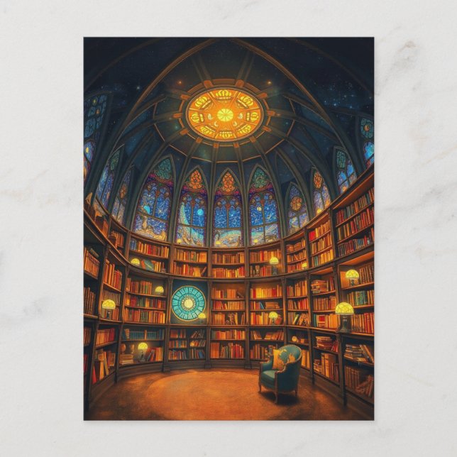 Ett viskartat Bibliotek som Flyter mellan stjärnor Vykort (Framsida)