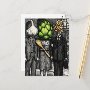 Ett vitlök, en artichocke och en spaghettigaffel r vykort