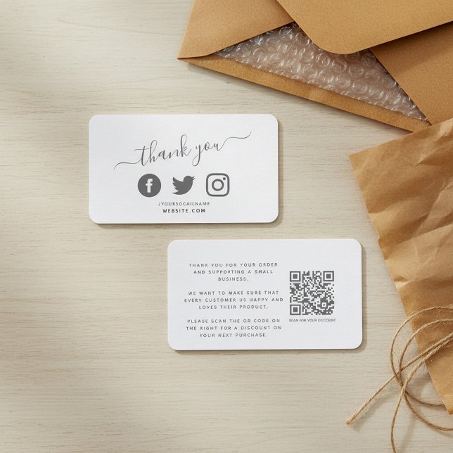 Ett vitt tack för social-mediets QR-kod för rabatt Tilläggskort (Social media QR code white thank you discount Enclosure Card)