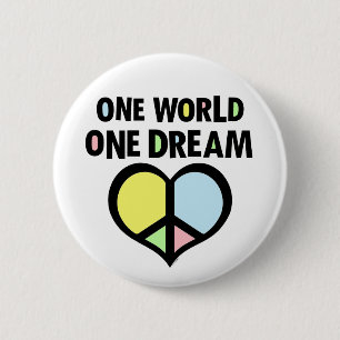 Ett World One Dream Peace Symbol Heart Knapp
