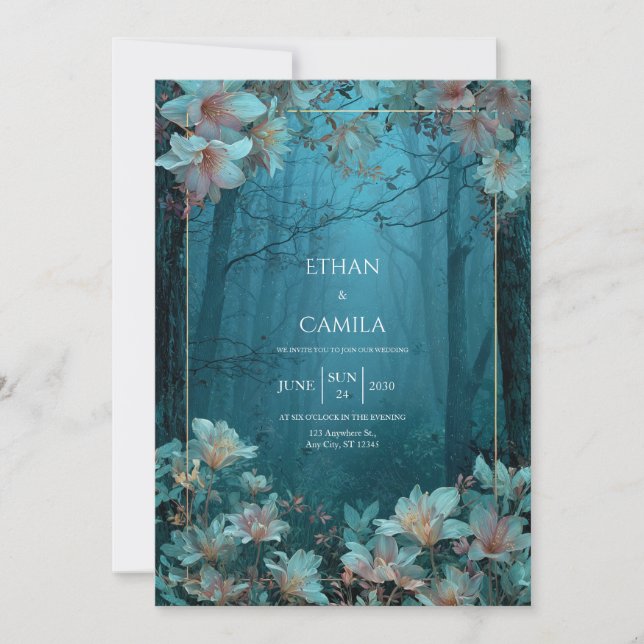 Etterlik Överjordisk Teal Blommig Guld Ram Skog Inbjudningar (Framsida)